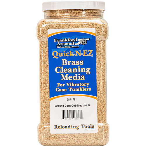 El Frankford Arsenal Brass Cleaning Media de 4.5 lbs en recipiente reutilizable es ideal para pulir tus casquillos, combinando la limpieza del nogal y el brillo del maíz.