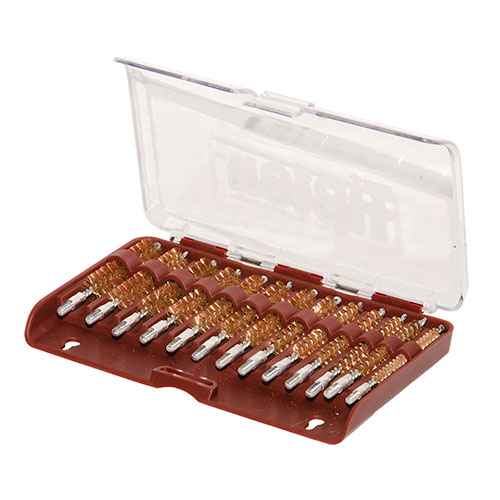 El set de cepillos de bronce Tipton incluye 13 piezas específicas para calibres, almacenadas en una caja duradera, ideal para calibres .17 a .45.
