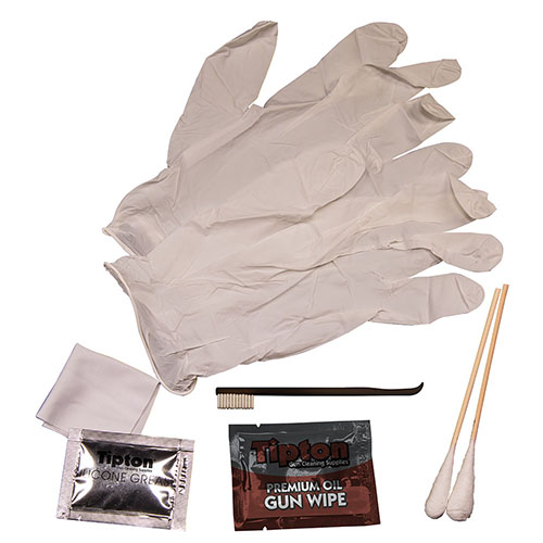 El Kit de Limpieza de Mano Tipton es ideal para limpiar pistolas de calibres .380 a .45, perfecto para cualquier situación de limpieza inesperada.