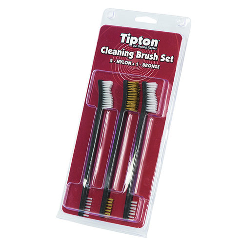 El set de cepillos de limpieza de doble extremo Tipton incluye cerdas pequeñas para espacios reducidos y cerdas grandes para piezas como bolt carriers, sin dañar tu arma.