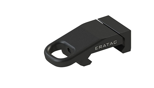 El adaptador lateral para HK Snap Hook de ERATAC permite una fácil sujeción en rieles Picatinny, con una apertura ovalada para un clip rápido y seguro.