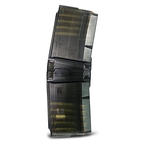 ¡Duplica tu capacidad! Con el CROSS MAG 10/10, acopla dos cargadores de 10 disparos fácilmente, son transparentes, resistentes y compatibles con .223Rem y más.