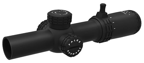 El FALKE 1-8x24 SAS ofrece precisión excepcional, ajustes de 0.1 MRAD, control de aumento, filtro intercambiable y resistencia al agua y niebla.