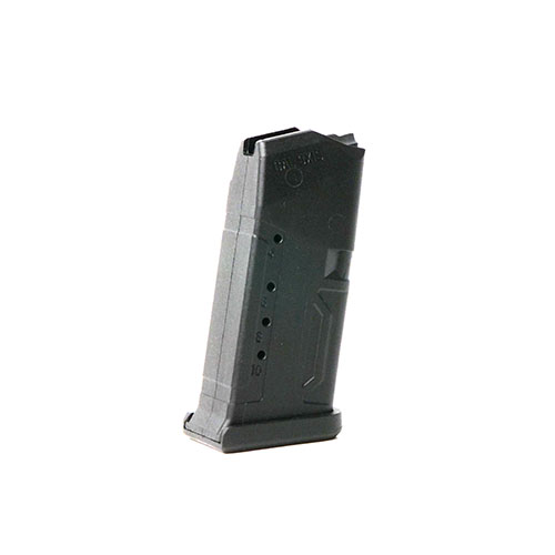 El Glock Magazin 9mm de 10 rondas cuenta con un resorte de acero inoxidable, base removible para limpieza, y ventanas de indicador de capacidad para facilitar su uso.