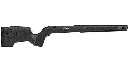 El MDT CRBN es un chasis ligero y duradero, con absorción de vibraciones, rail ARCA y M-LOK, ideal para cacerías largas y disparos precisos.