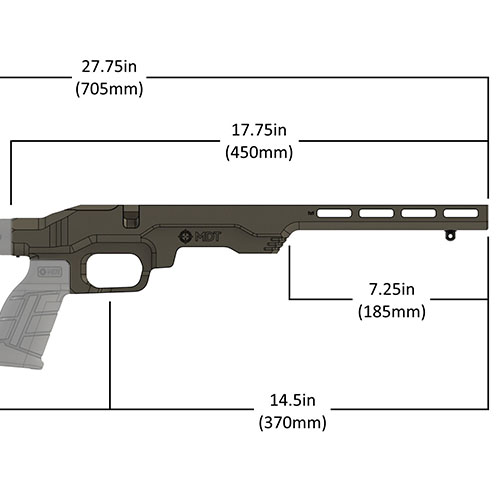 El sistema de chasis MDT LSS-RF Gen 2 es ligero y compacto, compatible con rifles 22LR/17 HMR, y permite usar empuñaduras y culatas AR personalizadas.