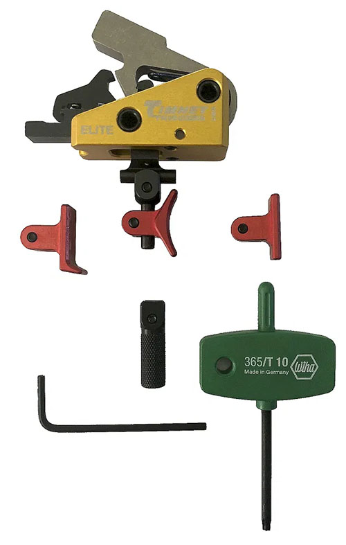 Disfruta de un disparo preciso con el gatillo AR CALVIN ELITE de 1.5lb, con cuatro zapatos ajustables y compatible con AR-15 y AR-10. ¡Mejora tu puntería!