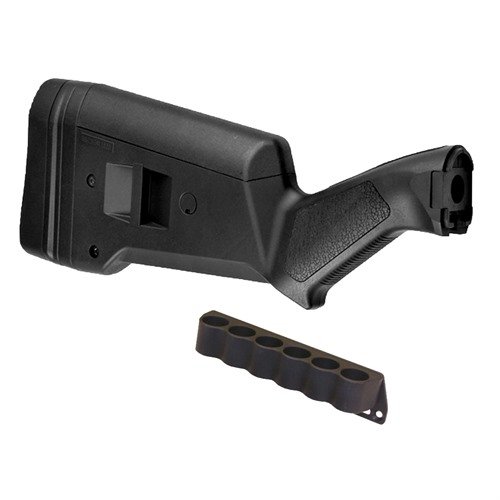 Transforma tu Remington 870 en una escopeta táctica con el SGA Buttstock, ajuste ergonómico y soporte de cartuchos para recargas rápidas.