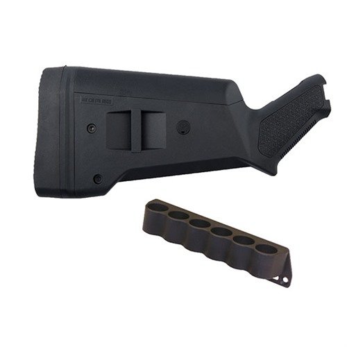 Transforma tu Mossberg 500 con el SGA Buttstock, ajustable y ergonómico, y añade un práctico holder de 6 cartuchos para recargas rápidas en acción.