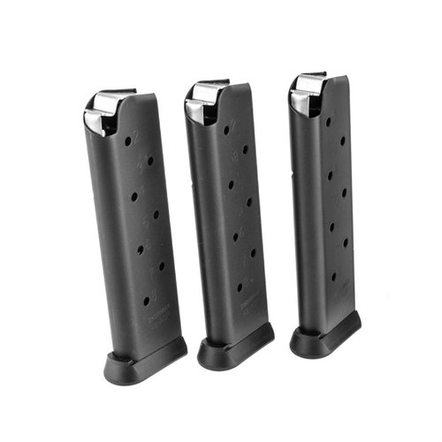 Los cargadores Brownells 1911 Gen2 de 8 rondas son duraderos, con construcción de acero inoxidable, recubrimiento Xylan y base de polímero desmontable para fácil manejo.