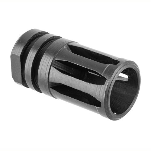 El A2 Flash Hider de 22 Caliber de Brownells reduce el destello, tiene roscas 1/2-28 y está fabricado en acero 4140 con acabado en óxido negro.