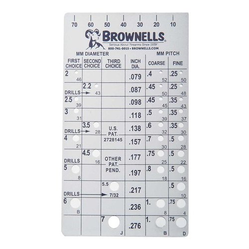 El Brownells Screw Chek'r identifica tamaños de tornillos y pasos de rosca con precisión, es durable y fácil de usar, ideal para tus proyectos de armería.