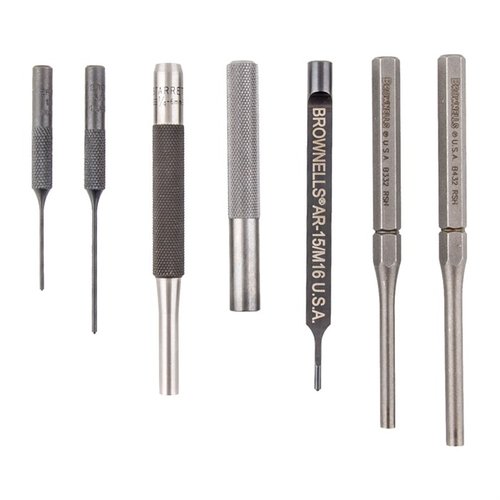 El set de 7 piezas AR-15 LOWER PUNCH te permite quitar pines sin dañar la terminación del arma, incluyendo punzones específicos y un punzón de nylon.