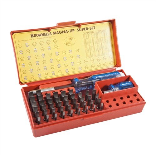 El set de destornilladores MAGNA-TIP incluye 44 puntas de alta precisión y un mango ergonómico, ideal para trabajos de armero en espacios reducidos.