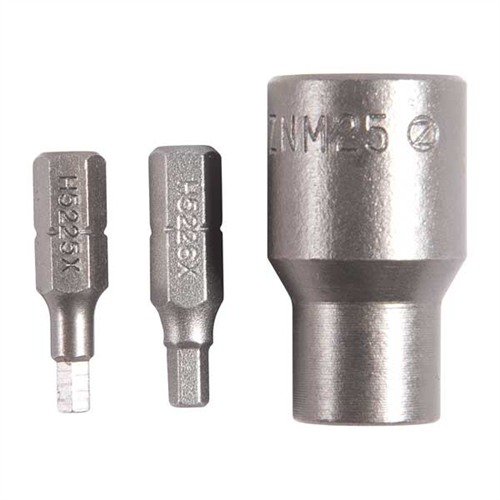 Consigue el CARRIER KEY BIT KIT de Brownells: incluye dos bits hex para tornillos de llave de portador y un adaptador para tu llave de torque de 3⁄8