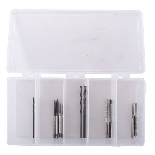 El kit de perforación y roscado de Brownells es ideal para montar miras y bases de alcance, con herramientas de alta calidad y fácil almacenamiento.