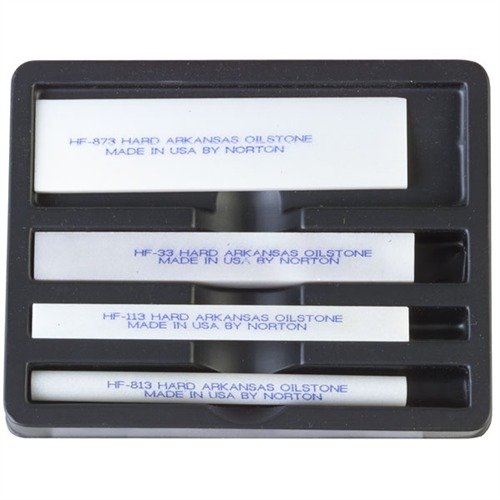 El set de limas Arkansas de Brownells incluye las 4 piedras más utilizadas, perfectas para trabajos de gatillo y sear, con ángulos y bordes precisos.