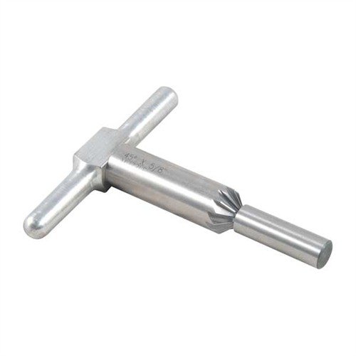 El cortador de chamfer 45° de BROWNELLS elimina bordes afilados en bocas de cañón y cámaras, facilitando recargas rápidas y salidas limpias de balas.
