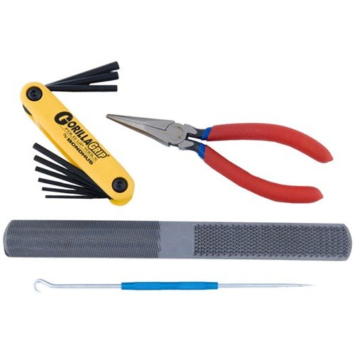 El Basic Gunsmithing Add-On Pack No. 1 de Brownells incluye herramientas versátiles como el 4-en-1 Hand Rasp y llaves hexagonales, mejorando tu precisión y eficiencia.