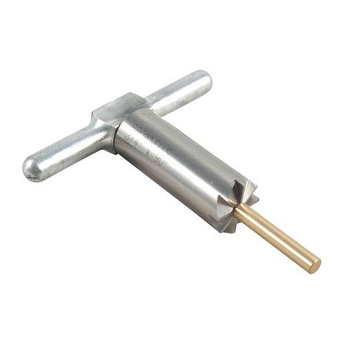 Corta y alinea muzzles de rifles y pistolas con este cutter de acero endurecido de 90°, ideal para reparar daños y ajustar calibres intercambiables.