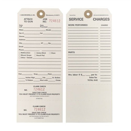 Los DOUBLE STUB CLAIM CHECKS de Brownells son perfectos para evitar confusiones en trabajos personalizados, con dos talones numerados para un control total.