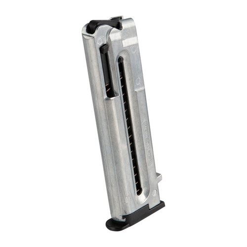 Consigue el M-1911 10RD 22LR MAGAZINE de ATI, un cargador de repuesto de aluminio con capacidad para 10 balas, fácil de cargar y con conteo visible.