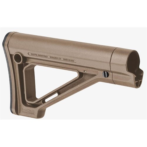 El MOE Fixed Carbine Stock de MAGPUL ofrece un diseño delgado, mejor apoyo para la mejilla y múltiples opciones de enganche para sling, ideal para AR-15.