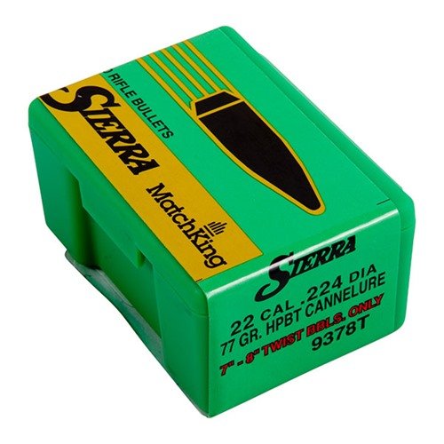Los proyectiles MatchKing® de 22 Cal (.224) 77gr HPBT con cannelure ofrecen un rendimiento balístico superior para competencias de rifle a larga distancia.