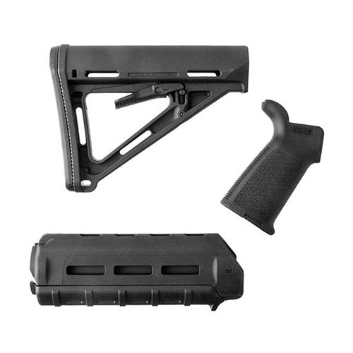 Mejora tu rifle AR-15 con el set de muebles MOE de Magpul, que incluye culata Mil-Spec, forend carabina y empuñadura, todo en elegante color negro.