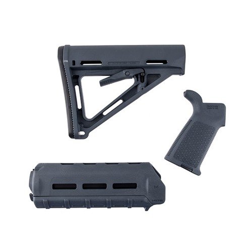Mejora tu rifle con el set de muebles AR-15 MOE de Magpul, que incluye stock MOE Mil-Spec, forend y empuñadura, disponible en varios colores.