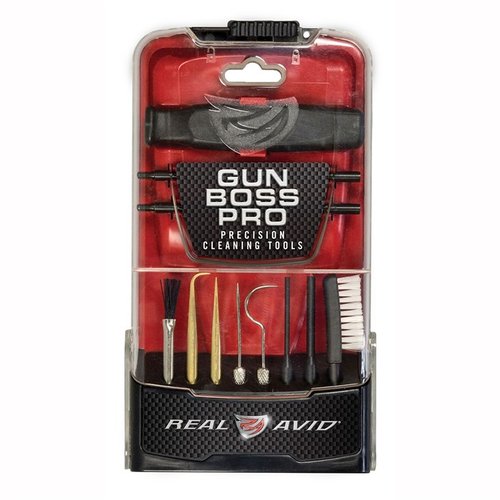 Los GUN BOSS PRO de REAL AVID son herramientas de limpieza precisas que eliminan el carbono, incluyen varillas de acero, cepillos y un estuche con diseño de soporte.