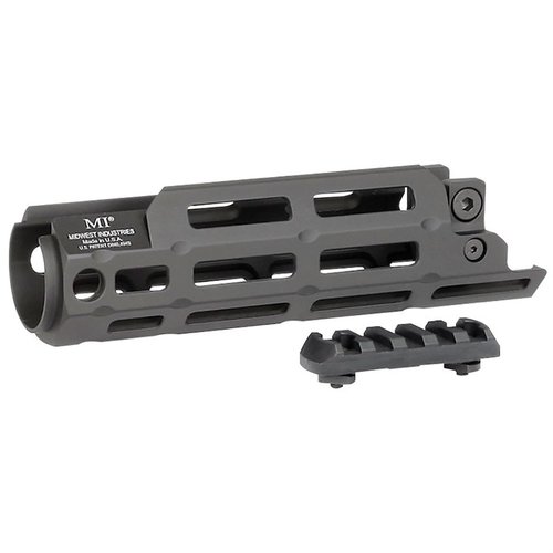 Mejora tu MP5M con el Handguard Drop-In de Midwest Industries, hecho de aluminio 6061, con 15 puntos M-LOK y sockets para sling-swivel, ¡fácil de instalar!