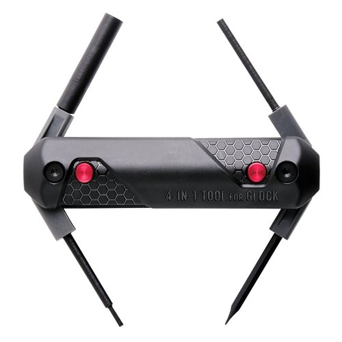 La herramienta 4-en-1 para Glock® de Real Avid es ergonómica y funcional, perfecta para desarmar, cambiar miras y ajustar piezas con solo un botón.