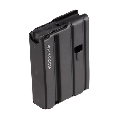 .458 SOCOM MAGAZINES de D&H Industries, fabricadas en aluminio negro, ideales como reemplazo para tus rifles AR-15. Disponibles en 10 y 4 disparos.