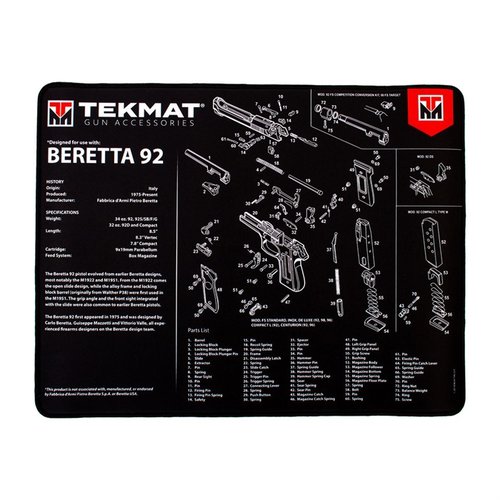 El TekMat Ultra 20 es impermeable, resistente a rayones y químicos, ideal para desarmar tu Beretta 92, con diagramas y lista de piezas para facilitarte el trabajo.