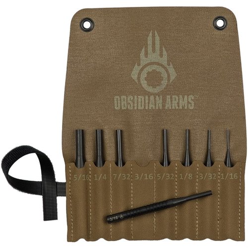 Lleva contigo el set de 8 punzones de Obsidian Arms, hecho de acero 4140, resistente a la corrosión y fácil de transportar en su funda de lona.