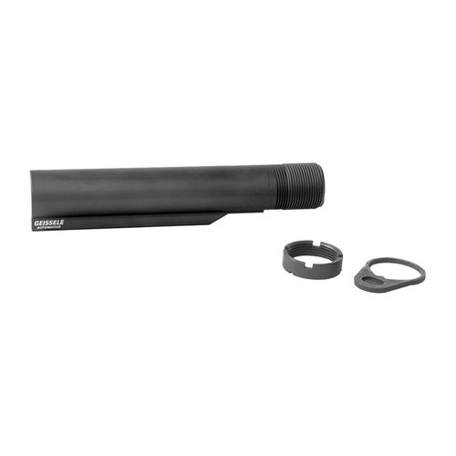 El tubo de buffer Geissele Premium Mil-Spec es de aluminio 7075-T6, con 6 posiciones, compatible con tu AR-15 y viene con tuerca y placa de castillo.