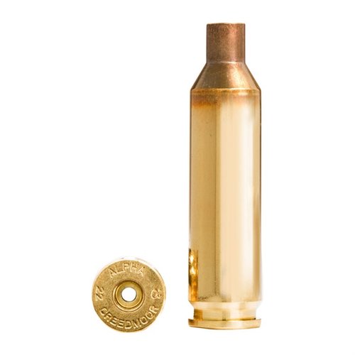 La 22 Creedmoor Brass de Alpha Munitions ofrece alta velocidad, durabilidad con tecnología OCD y viene en cajas de 100 para una protección óptima.