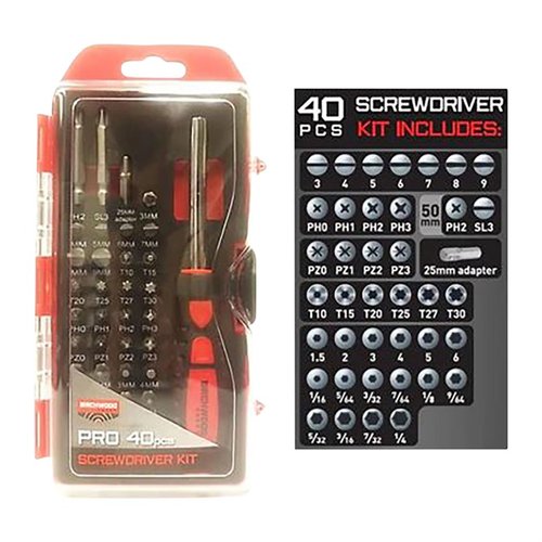 Descubre el set de destornilladores PRO de 40 piezas, ideal para cualquier tarea con sus múltiples tamaños: Slotted, Philips, Pozidriv, Torx y Hex.