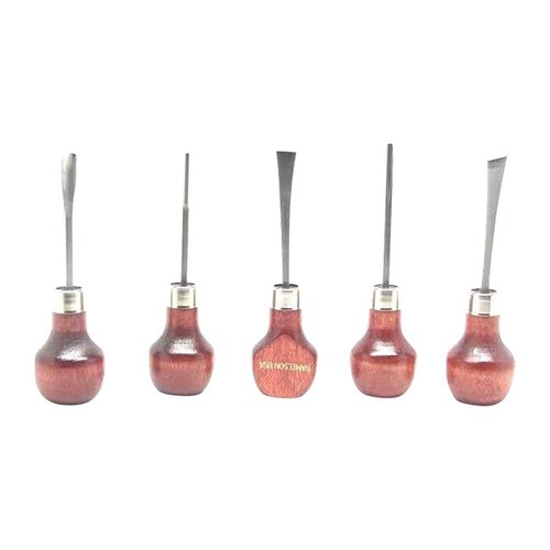 El set de tallado en madera U.J. Ramelson incluye 5 herramientas de alta calidad, listas para usar, con acero W-1 y mango de madera para tus proyectos.