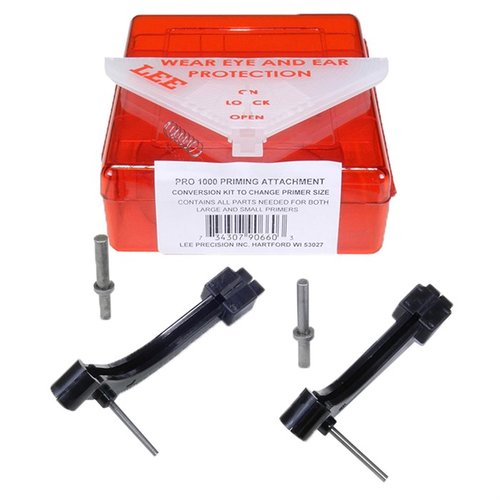 Con el Lee Primer Attachment, podrás convertir el tamaño de los primers en tu Pro 1000 Press fácilmente, incluyendo canales grandes y pequeños, pines y resortes.