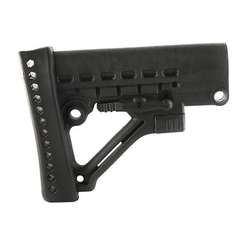 El buttstock Archangel® ajustable de 6 posiciones es compatible con tubos comerciales, incluye inserciones QD y un pad de goma para mayor comodidad.