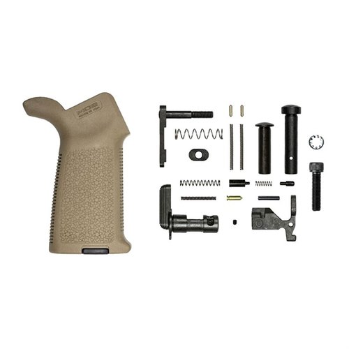 El kit de piezas M4E1 de Aero Precision incluye todo lo necesario para ensamblar un receptor M4E1, con un agarre Magpul MOE disponible en negro o FDE.