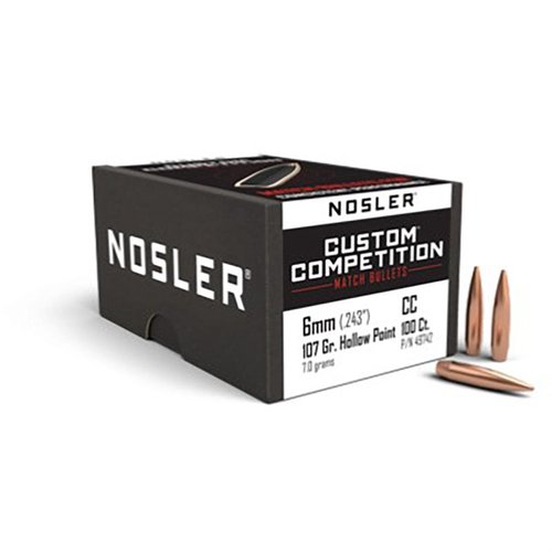 Descubre los balas Nosler Custom Competition 6MM HPBT, con diseño de punta hueca y cola de bote para una precisión excepcional y estabilidad en vuelo.