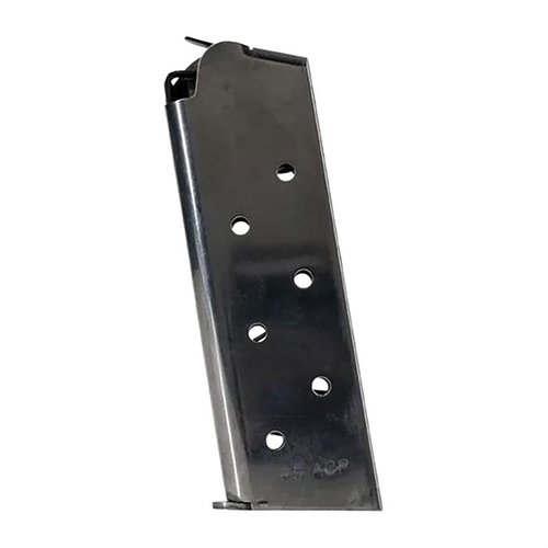La revista 1911 GOVERNMENT/COMMANDER de 7 disparos de acero inoxidable es perfecta para tus modelos .45 y 10mm, garantizando fiabilidad y rendimiento.