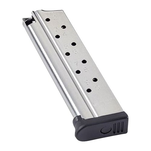 El cargador CMC Range Pro para 1911 de 9mm ofrece 10 disparos, construcción de acero inoxidable, seguidor anti-tilt y fácil mantenimiento, ideal para competencia y uso general.