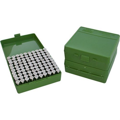 La caja de municiones MTM de 100 rondas Flip-Top es perfecta para organizar y transportar tus balas de 40, 10mm y 45 ACP de manera segura y práctica.