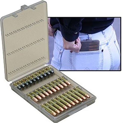 El MTM Ammo-Wallet almacena 30 cartuchos de 22 Long Rifle y 17 HRM Mach 2, ideal para mantener tu munición organizada y lista para usar en cualquier momento.