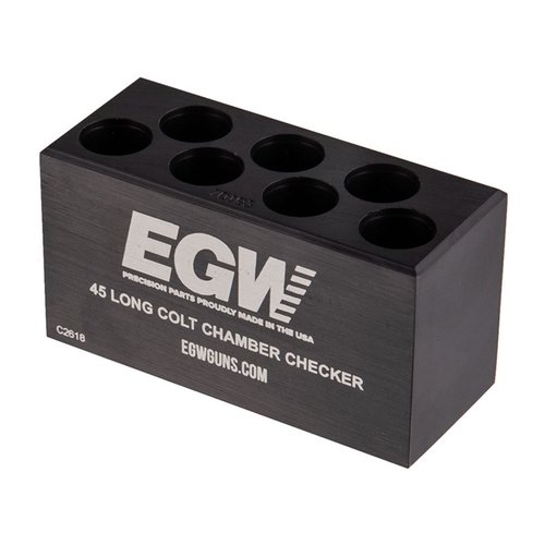 El 7-HOLE AMMO CHAMBER CHECKER de EGW, fabricado en aluminio 6061 T6, garantiza precisión y durabilidad con su acabado anodizado negro. Ideal para verificar dimensiones de munición.