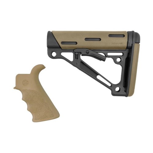 El kit de Hogue incluye un grip de goma con diseño ergonómico y un buttstock colapsable, ofreciendo comodidad, ajuste antirruido y múltiples opciones de montaje.